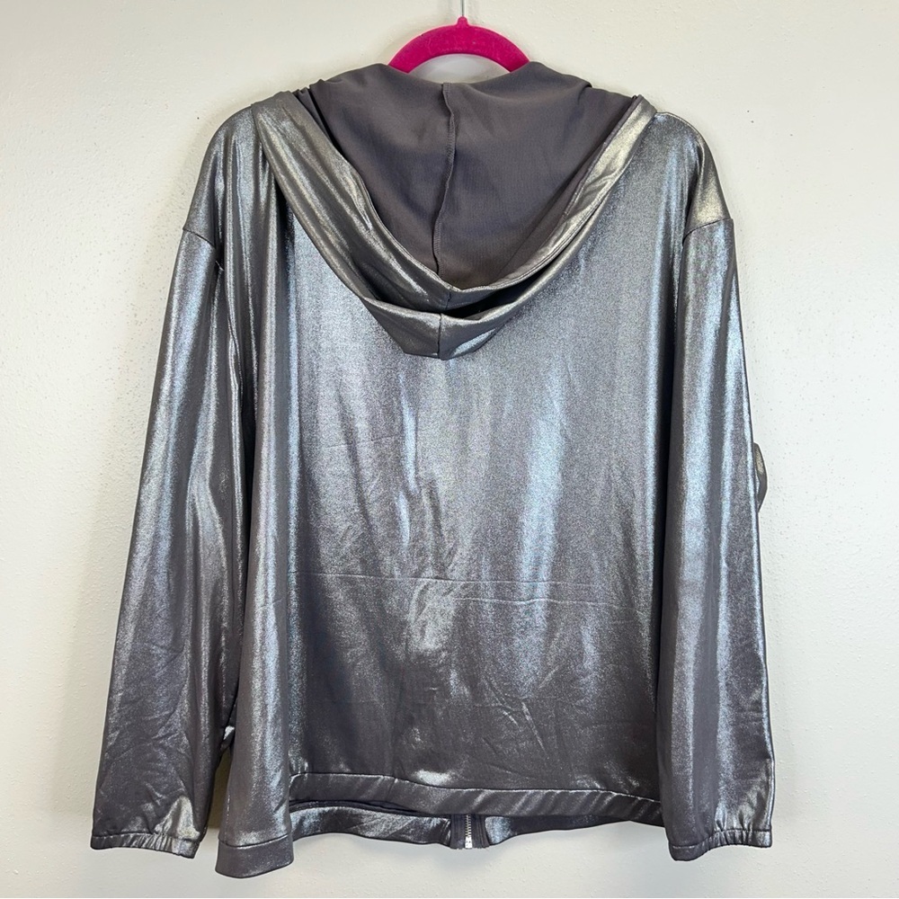 Metallic Gray Hooded Bomber Jacket XL 2X Futuristic Festival Pockets Coachella - Picture 11 of 14